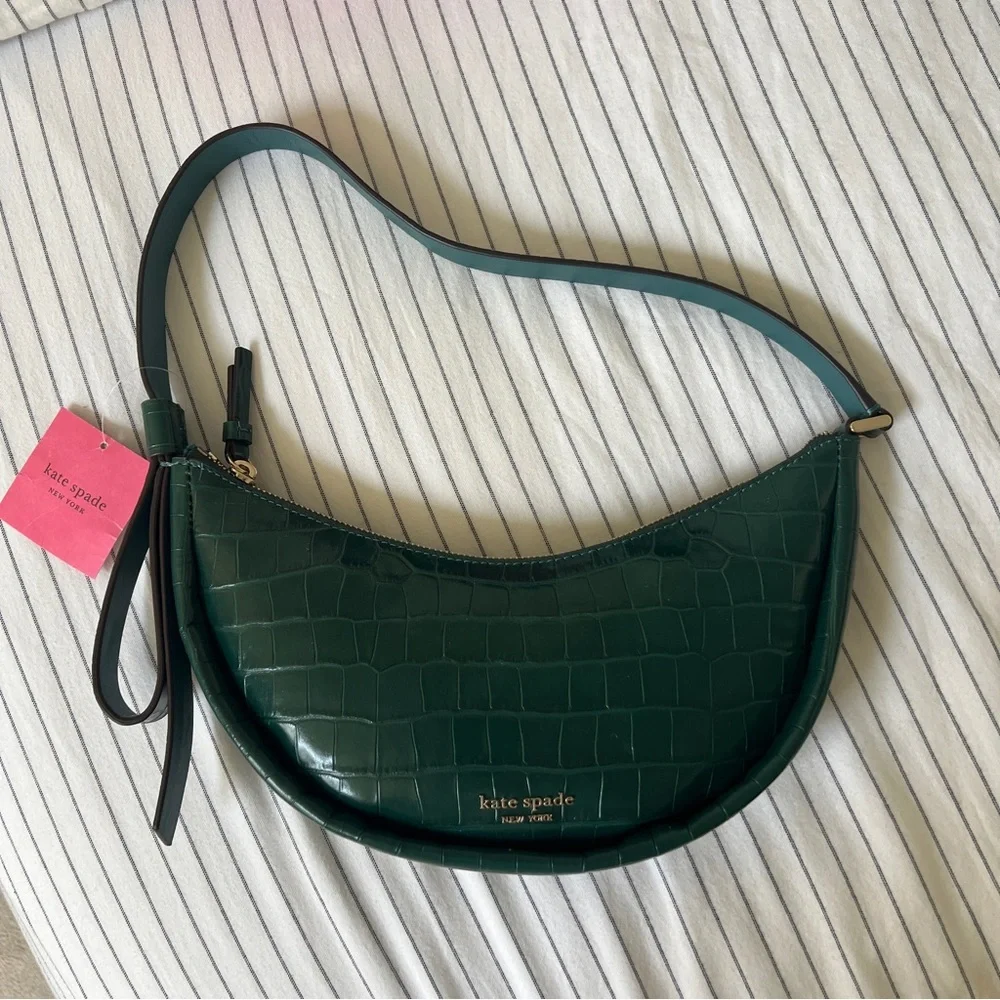 kate spade Dark Green Croc-Embossed Crescent Shoulder  bag NWT